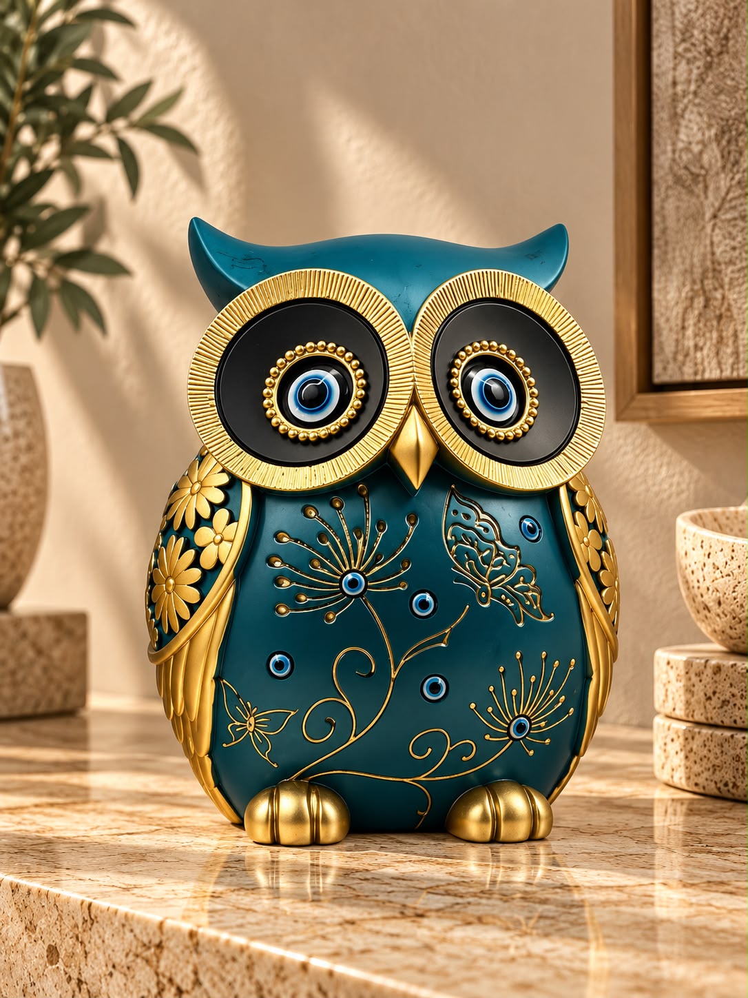 Owl Figurine Teal & Gold