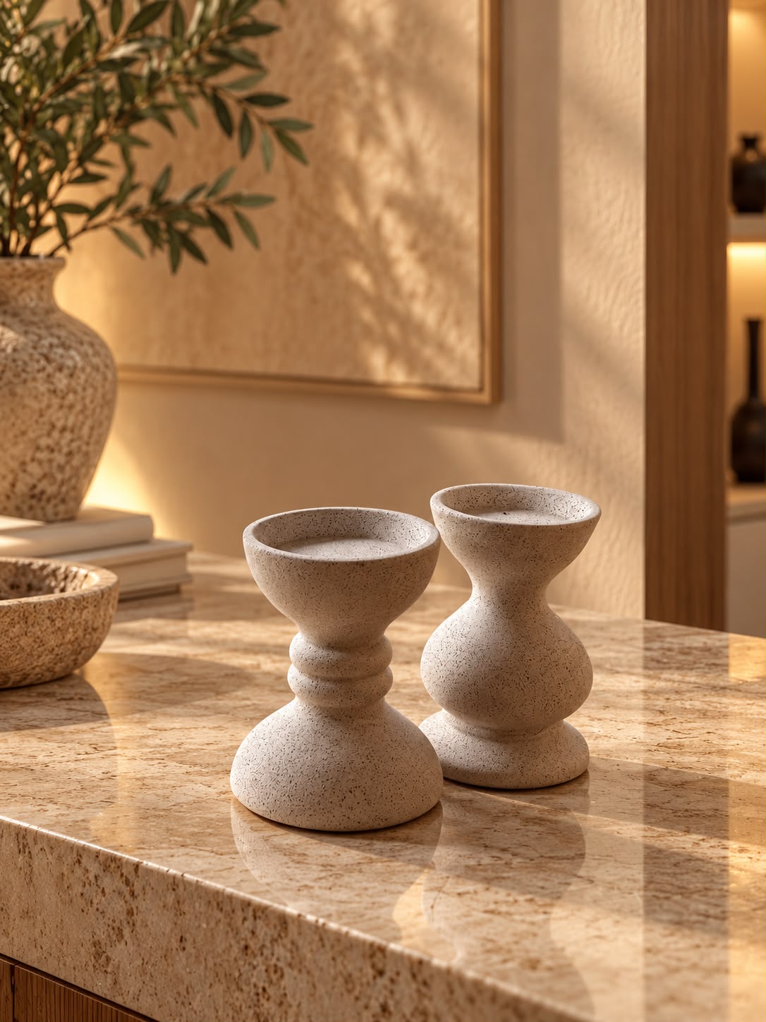 Stone-Finish Hourglass Candle Holders