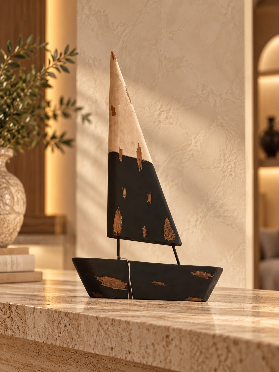 Rustic Wooden Sailboat Sculpture