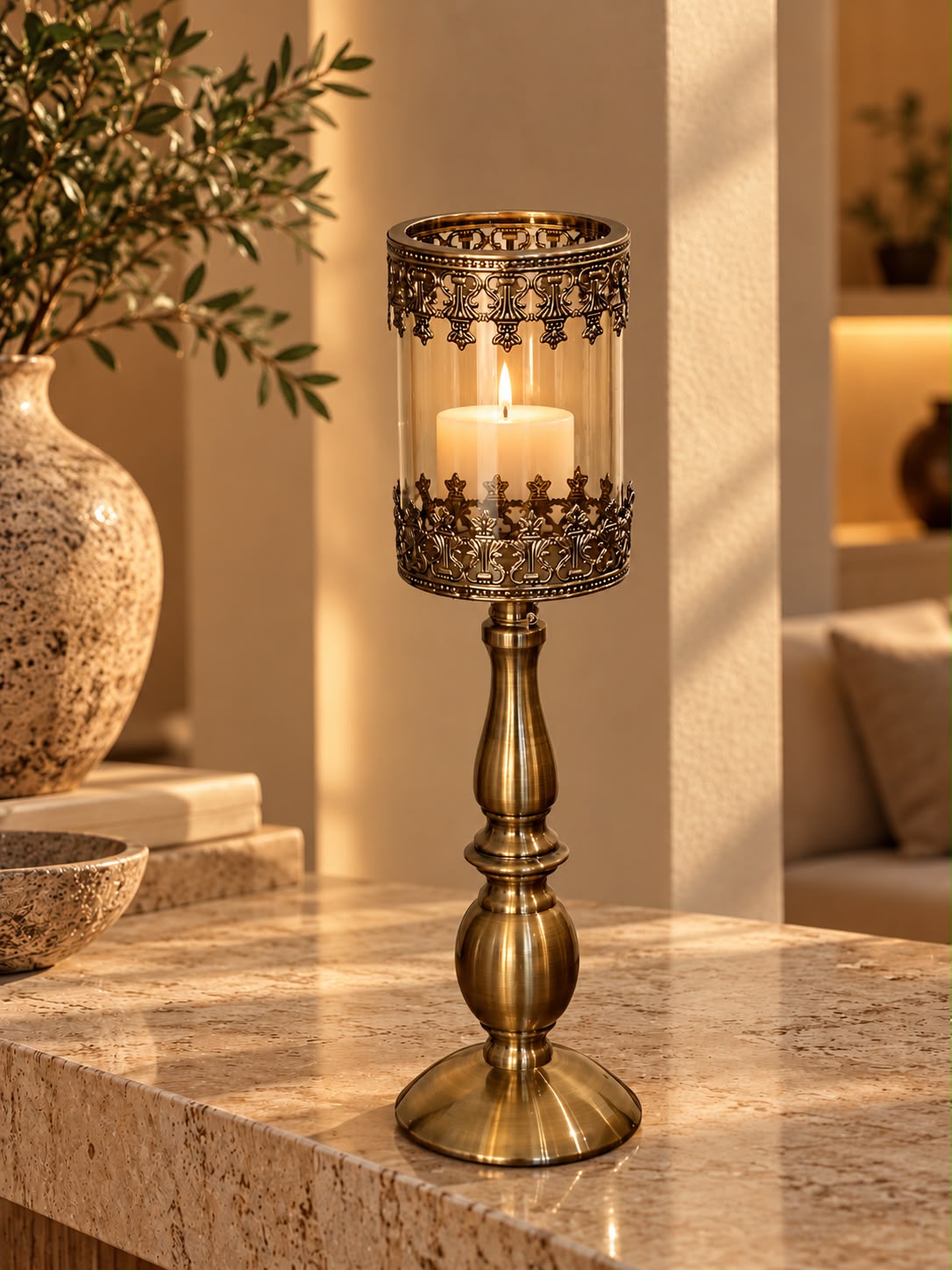 Ornate Brass Pillar Candle Holder